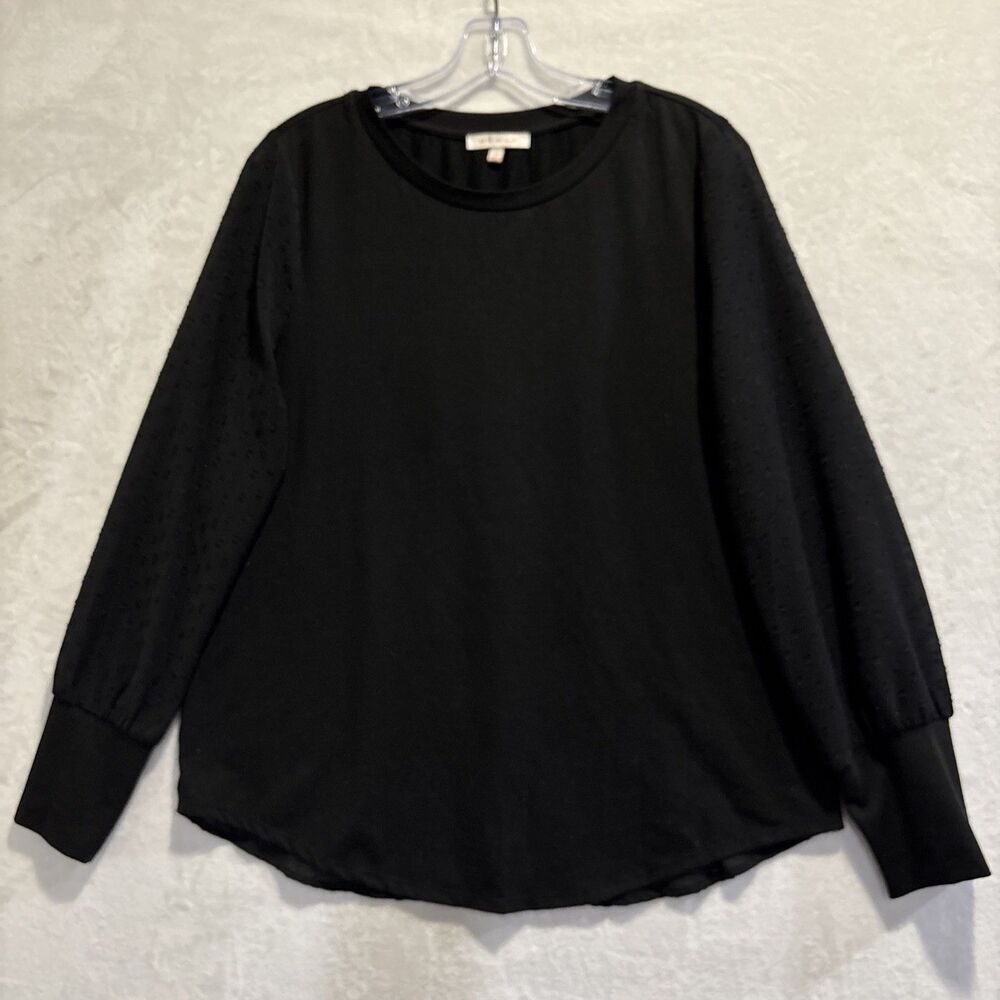 Skies Are Blue Women’s Black Long Sleeve Button Down Back Sheer Textured Shirt